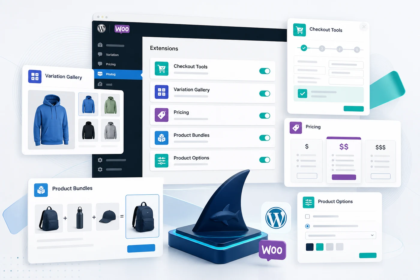 Shark Plugins feature cards for WooCommerce tools