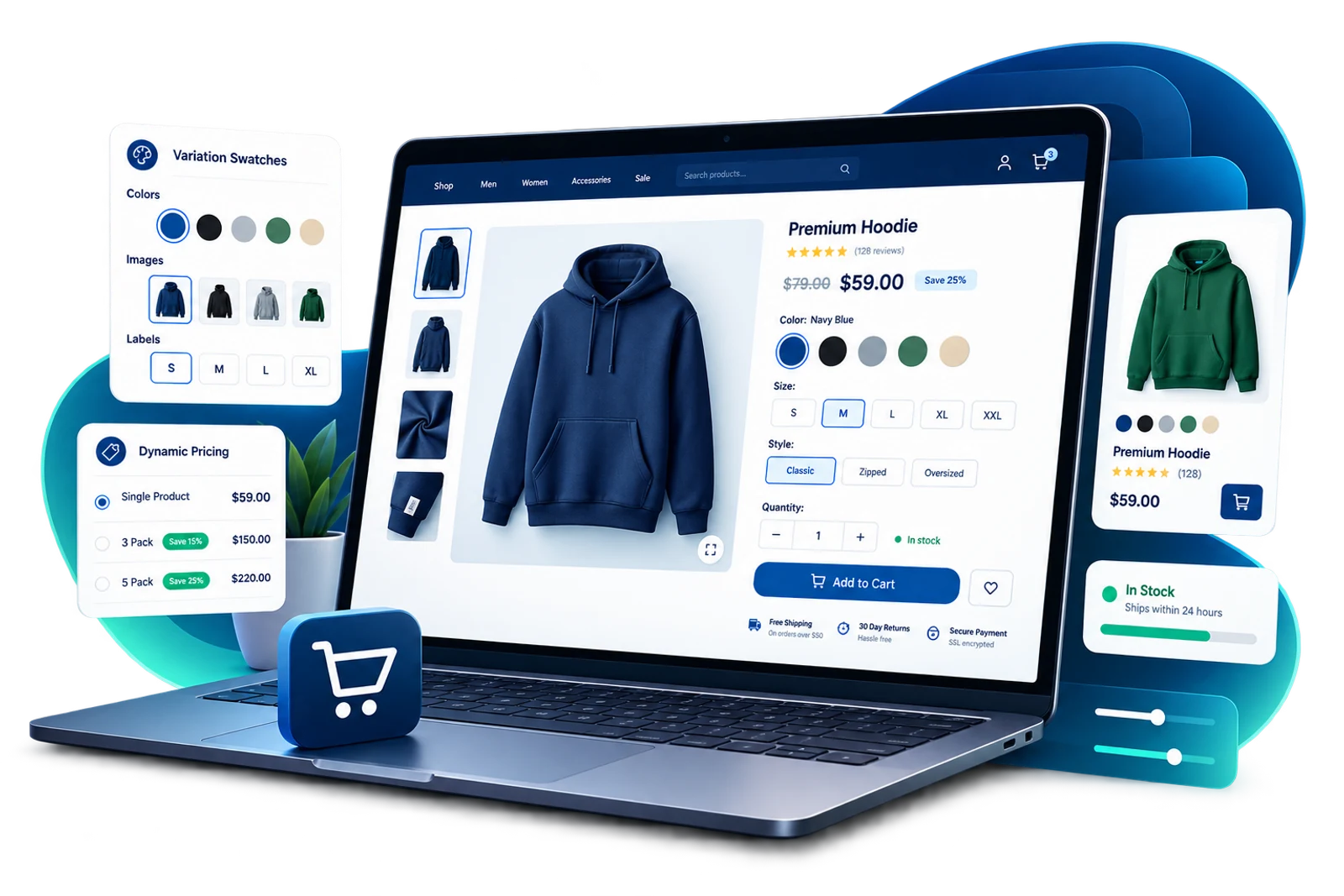 WooCommerce product page enhanced with Shark Plugins tools